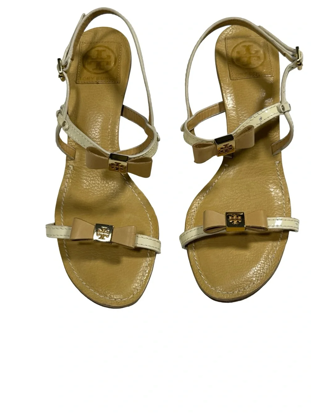 Tory Burch Kailey Patent Leather Bow Sandals Womens 8.5M Cream Tan Heels